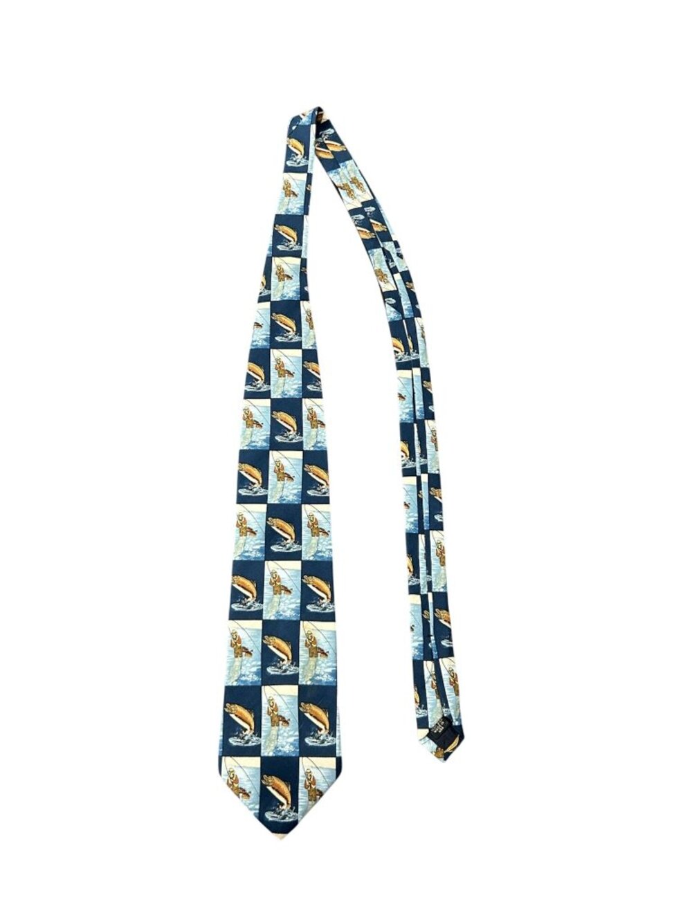 Structure Mens Navy Fishing Angler Trout 100% Silk Tie Retro Statement Style